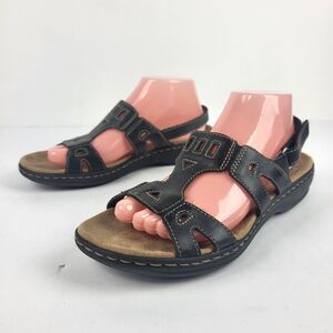 Clarks Leisa Annual Wedge Sandals Size 9 M Black Leather Slingback Shoes
